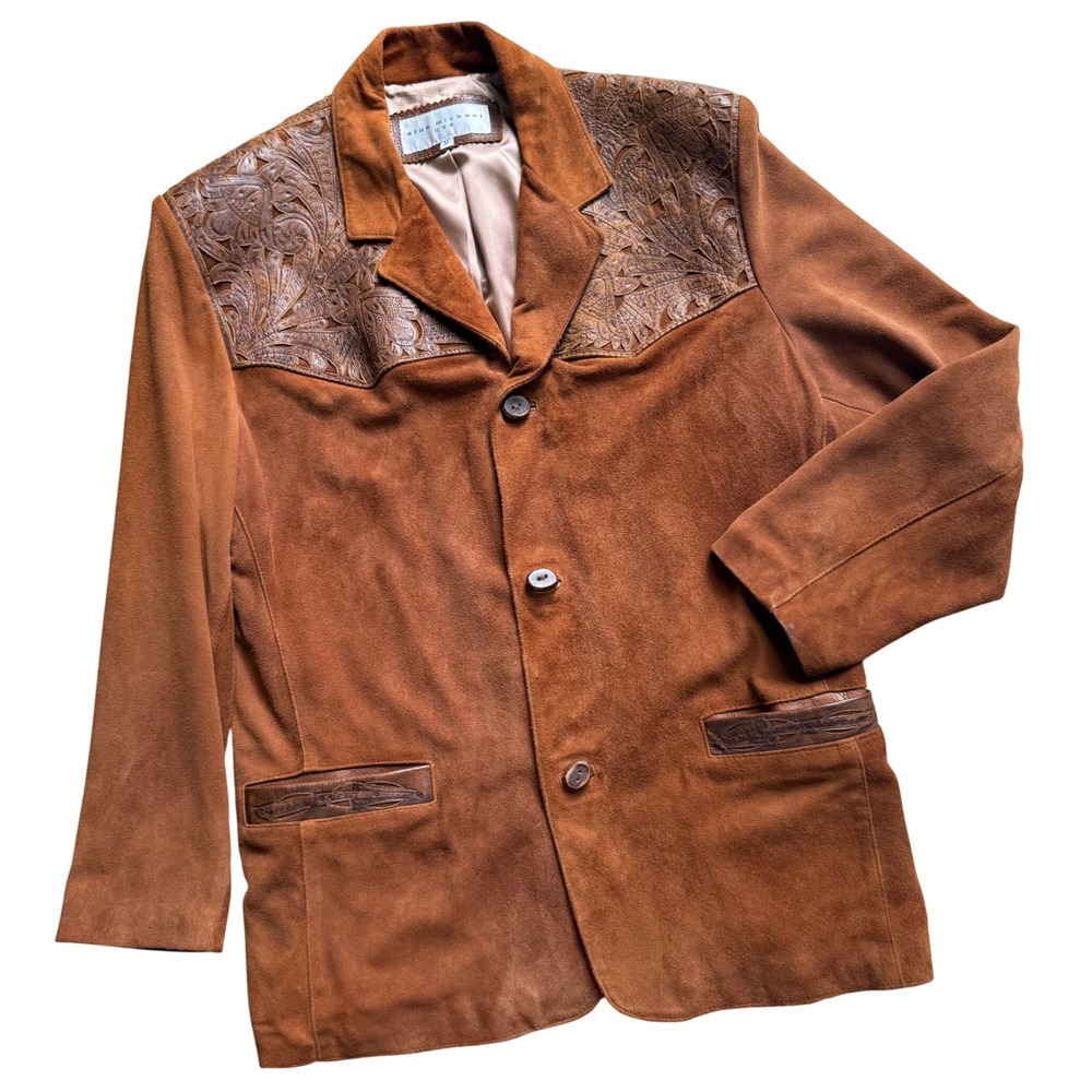 Vintage Alan Michael USA Suede Leather Jacket Tooled Leather Western Cognac Med